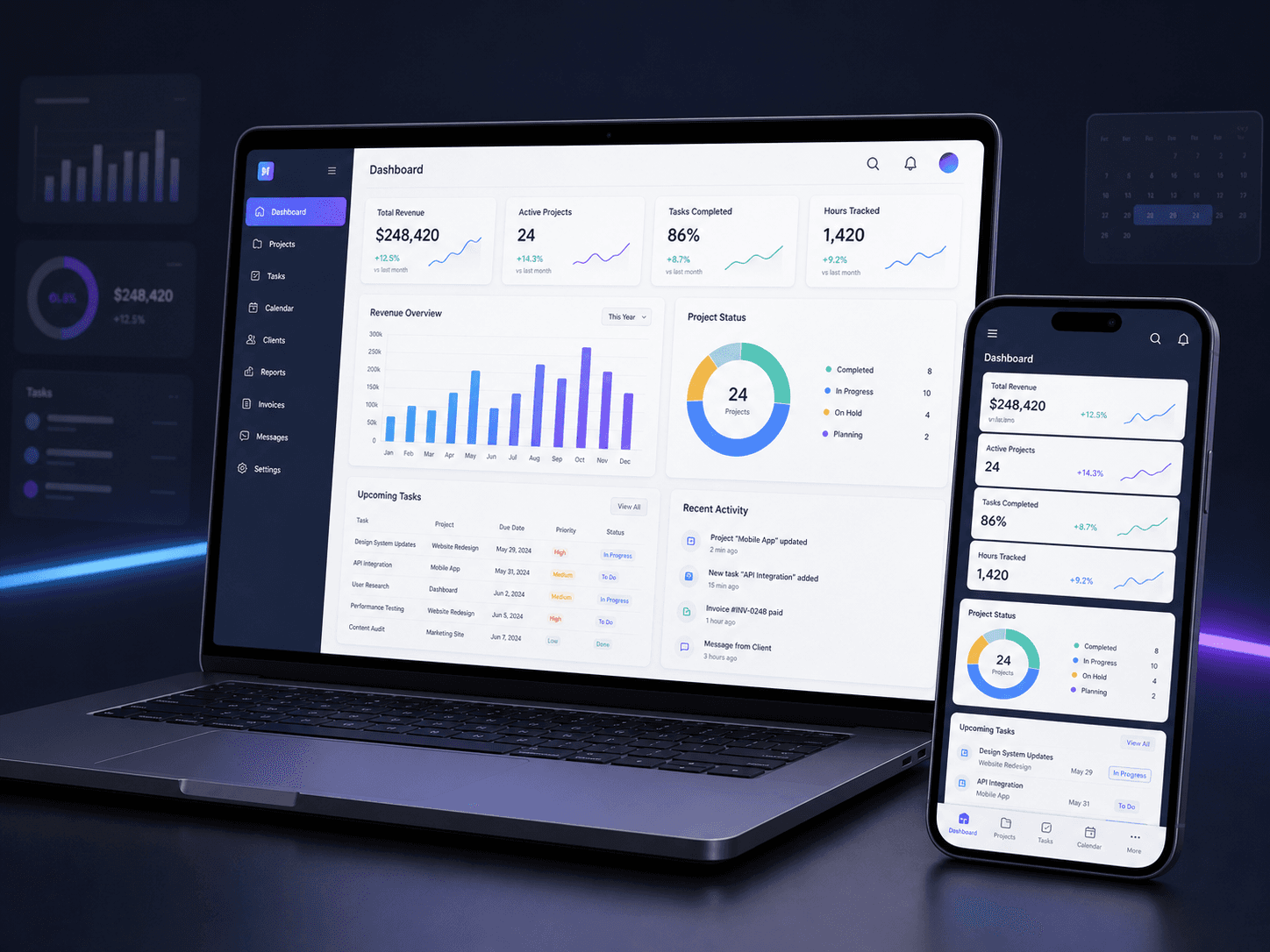 Application métier responsive présentée sur ordinateur portable et smartphone